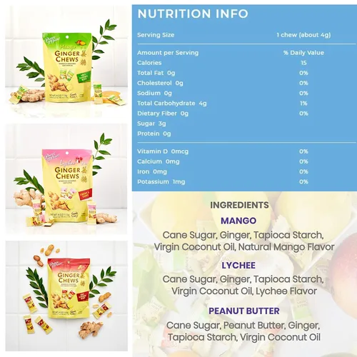 Vista 6 de Prince of Peace Paquete de caramelos masticables de jengibre, sabores originales, limón, naranja, mango, lichi y mantequilla de maní, 100%