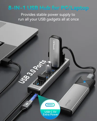 Vista 5 de GiGimundo Concentrador USB 3.0, concentrador extensor USB de 7 puertos con cable de 3.3 pies de largo, divisor USB, concentrador USB de alta