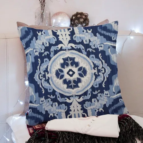 Vista 6 de Fundas de cojín Ikat con medallón azul y gris, color blanco y azul marino, fundas de almohada abstractas, decorativas de granja para sofá, cama