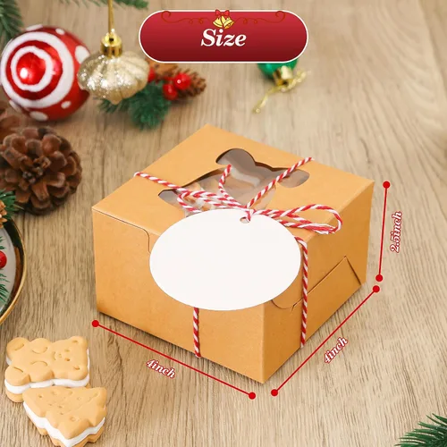 Vista 3 de COTOPHER 18 cajas de galletas de Navidad con ventana, cajas de panadería marrón kraft de 4 x 4 x 2.5 pulgadas para regalo, mini cajas de pastel
