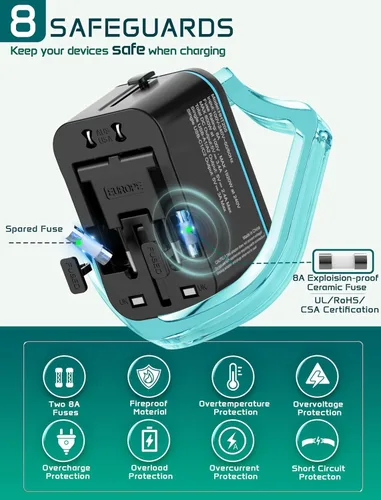 Vista 6 de Adaptador de viaje universal en todo el mundo, adaptador de enchufe de viaje europeo con 2 USB C, 2 USB A y múltiples salidas de CA, convertidor