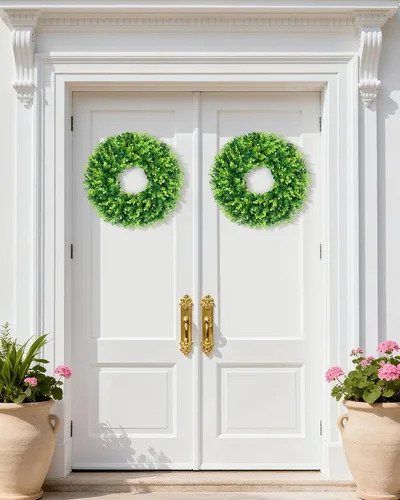 Vista 8 de DDHS Corona de boj de 18 pulgadas para puerta principal – Corona artificial verde de casa de campo, decoración DIY para primavera, verano, otoño e