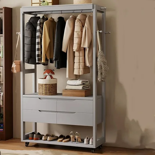 Solid Wood Clothes Rack, 360° Movable Clothing Rack, Large Capacity Garment Rack with 4 Drawers and a Shoe Rack, Coat Rack for Entrance,