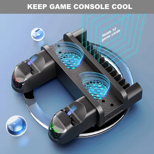 Vista 3 de PS4 Stand Cooling Fan Station for Playstation 4PS4 SlimPS4 ProVGBUS PS4 Vertical Charging Station with Dual ControllerPS4 Stand with USB Port 12