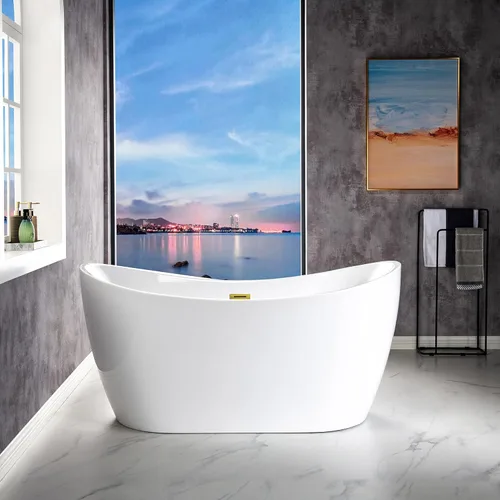 WOODBRIDGE Bañera de acrílico independiente de 59 pulgadas, bañera blanca de remojo contemporáneo con desbordamiento y drenaje de oro cepillado,