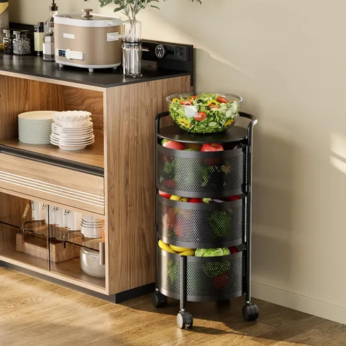 Vista 5 de JAQ Estantes de almacenamiento giratorios para cocina, multinivel, organizador de canastas extraíbles, con ruedas, para frutas, verduras, 3