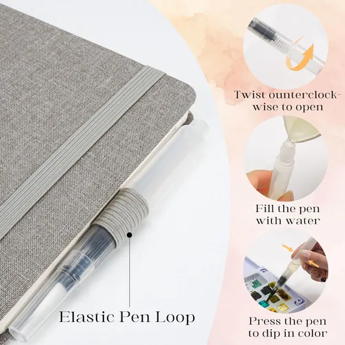 Vista 6 de Cuaderno de Bocetos de Acuarela, 5.5" x 5.5" Libros de Bocetos Artista Cuaderno de Papel de Acuarela de Algodón, Cubierta de Lino con Pluma de Agua