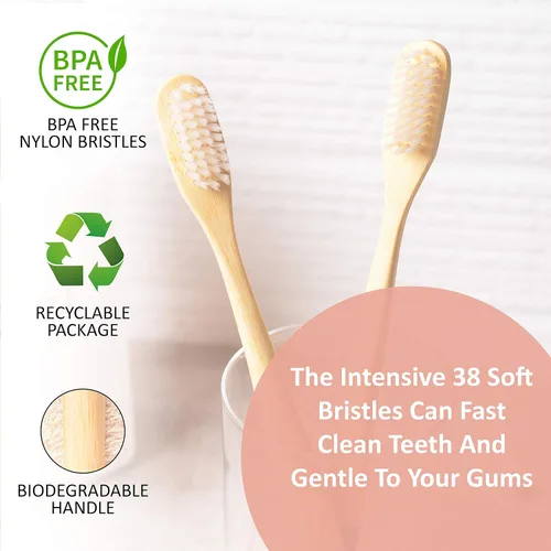 Vista 4 de laboos Paquete de 4 cepillos de dientes de bambú, ecológicos y biodegradables, no plásticos, sin BPA, cerdas naturales suaves para gingivitis