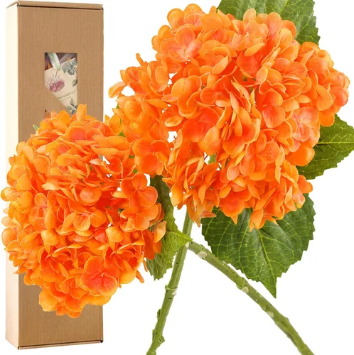 FiveSeasonStuff Flores de hortensias de seda Real Touch, 2 flores artificiales grandes de tallo largo para arreglos florales (naranja otoño)