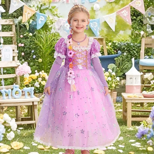 Vista 2 de Rapunzel - Vestido de princesa para niñas, disfraz de princesa para niños pequeños, disfraz morado para fiesta de cumpleaños y Halloween