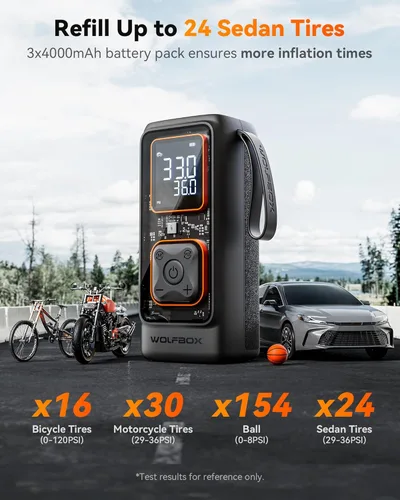 Vista 4 de WOLFBOX Inflador de neumáticos inalámbrico, compresor de aire portátil, bomba de aire de 150 PSI para neumáticos de automóvil, motocicleta