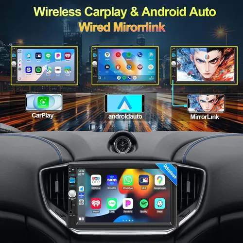 Vista 2 de Apple CarPlay inalámbrico y Android Auto, estéreo de coche doble DIN - Pantalla táctil IPS de 7", 1024*600, radio de coche FM, Bluetooth 5.2, 180W