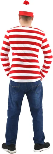 Vista 2 de KESEPLEI - Disfraz de Halloween para hombre y mujer, camiseta de cosplay a rayas rojas y blancas, gorro con gafas nerd