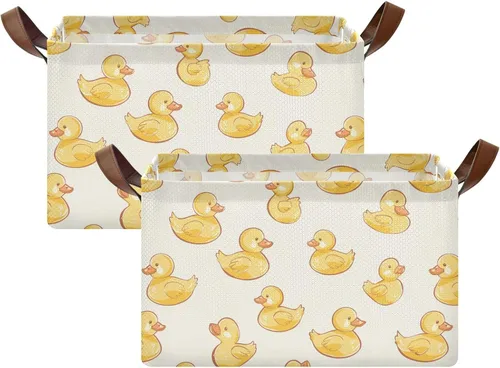 Vista 2 de KLL Hand-painted Cartoon Yellow Duck Foldable Storage Baskets Fabric Storage Bins with Handles Closet Organizers for Shelves Closet Toys Books 2 Pack