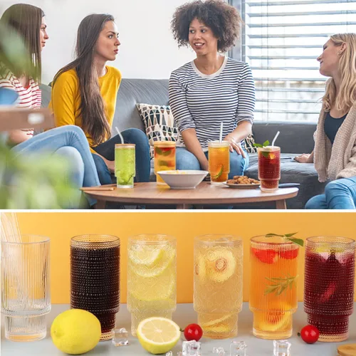 Vista 6 de Juego de vasos de vidrio con tapa de pajita/bambú, vasos apilables de 12 onzas, ideal para whisky, cócteles, jugo, café, cerveza, apto