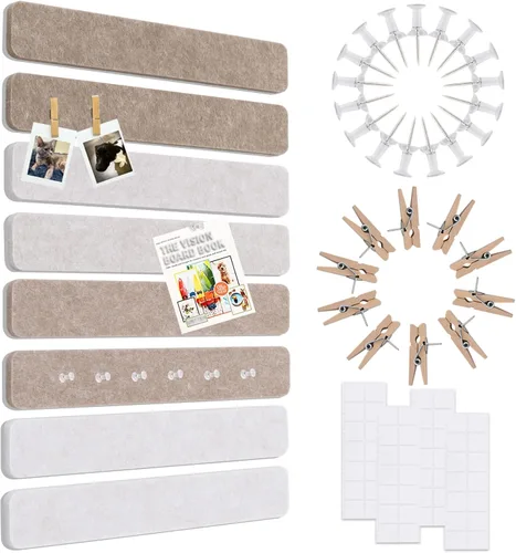 Vista 7 de Vuzvuv 8 tiras de barra de tablón de anuncios con 50 alfileres y 10 pines de clip de madera, tablero de corcho autoadhesivo para pared, tablero