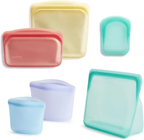 Stasher Bolsas de silicona reutilizables para almacenamiento de alimentos, paquete de 6, bolsas reutilizables para congelador, microondas, Arco iris