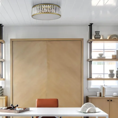 Vista 4 de Lámpara de techo de cristal de montaje empotrado dorada, moderna pantalla de tambor de 4 luces, iluminación de techo de cristal para sala de estar