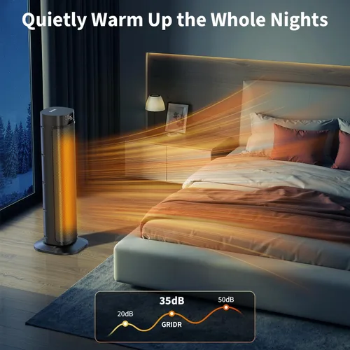 Vista 6 de GRIDR Space Heaters for Indoor Use, 24" Electric Space Heater, 1500W PTC Ceramic Heater for Office with Remote, Thermostat, 3 Modes, 35dB Quiet, 12H