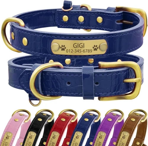 Vista 12 de Collar de cuero genuino personalizado para perros con placa de nombre grabada - Collar para perros duradero y elegante, personalizado para perros