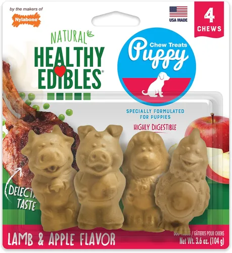 Vista 14 de Nylabone Healthy Edibles Masticables Naturales para Cachorros Golosinas de Larga Duración para Cachorros, Sabor Cordero y Manzana, Pequeño/Regular