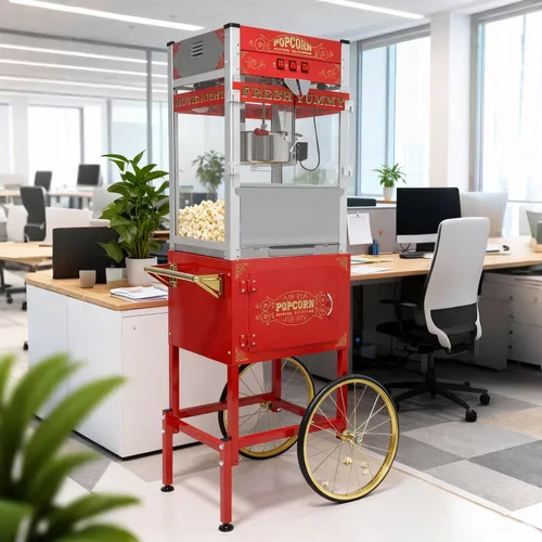 Vista 12 de Máquina comercial de palomitas de maíz de 20 onzas con carro, hervidor de acero inoxidable con ruedas, plataforma de calentamiento y vidrio Negro