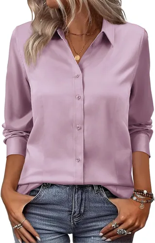 Vista 15 de siliteelon Camisas de vestir con botones para mujer, camisas de vestir de manga larga, algodón de corte clásico