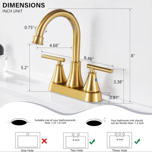 Vista 3 de Grifo de lavabo de baño de 4 pulgadas con 2 manijas centrado, oro cepillado, sin plomo, grifo moderno de tocador con tapón de drenaje emergente