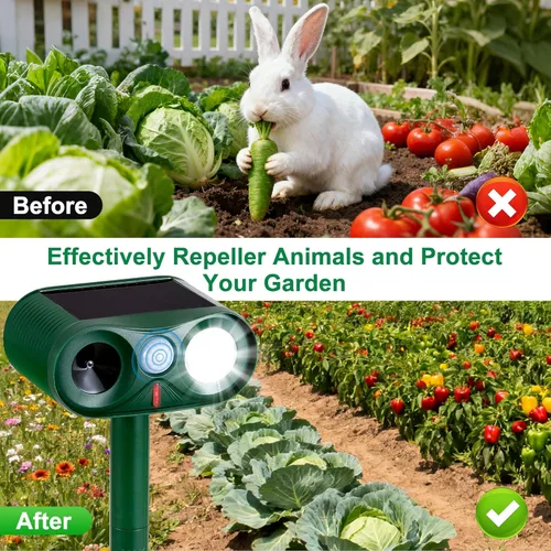 Vista 5 de 2Pack Solar Ultrasonic Animal Repeller with Strobe Light – for Gardens, Farms and courtyards Outdoor Deterrent for Raccoons, Deer, Squirrels, Cats