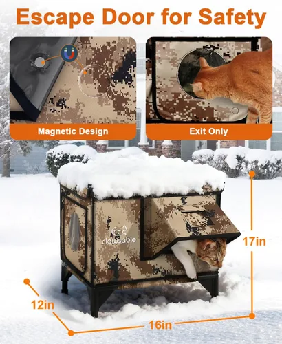 Vista 4 de Casa resistente para gatos con calefacción para exteriores para invierno, casa aislada con calefacción para gatos para exteriores con dos puertas