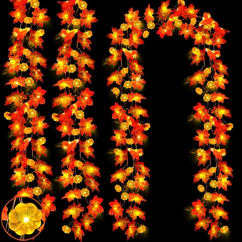 Guirnalda de otoño con luces de calabaza, 30 pies, 60 luces LED patentadas, hojas de arce ampliadas, funciona con pilas, para interiores y