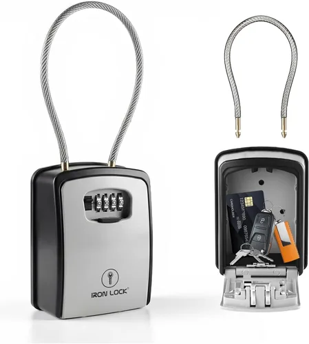 Vista 15 de Iron Lock Caja de bloqueo de llave portátil con grillete de cable y montaje en pared, caja de metal resistente al agua para llaves con código