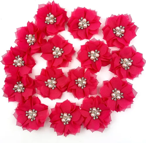 Vista 15 de Heyiwell 15 lazos de flores de tela de gasa, cuentas de diamantes de imitación, centro de racimo para bricolaje, clip para el cabello, apliques