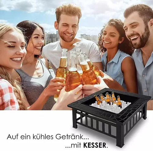 Vista 3 de Mesa para hoguera de 32 pulgadas para exteriores, hoguera de leña con cubierta impermeable, pantalla de chispas y parrilla, parrilla cuadrada