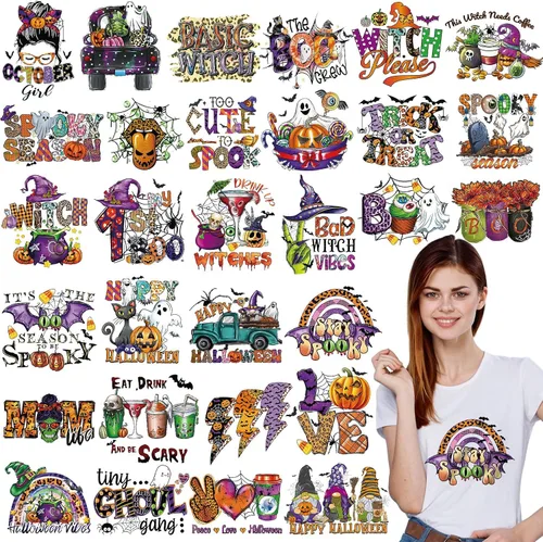 Qeeenar 30 unidades de transferencia de Halloween para planchar para camisetas, murciélago, bruja, fantasma, calabaza, espeluznante Halloween,