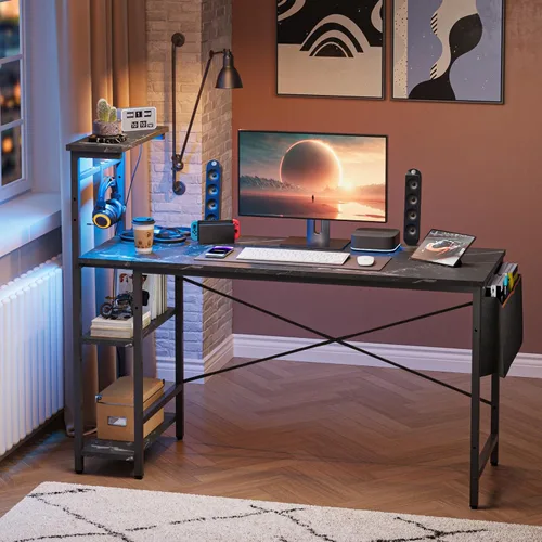 Vista 81 de Bestier Escritorio para juegos con tomas de corriente, escritorio LED grande de 61 pulgadas con estantes reversibles de 4 niveles, mesa