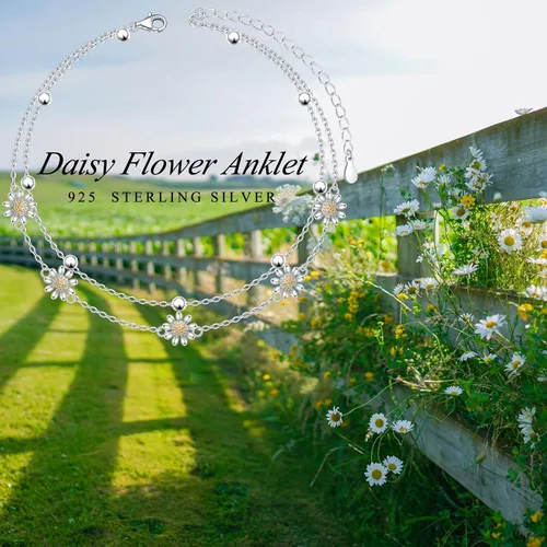 Vista 4 de Ladytree Tobilleras de plata de ley 925 ajustables con cuentas de pie para mujer, tobilleras, joyería de regalo de cumpleaños para adolescentes