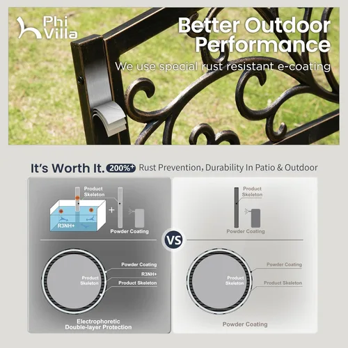 Vista 4 de PHI VILLA Banco de jardín de 50 pulgadas para exteriores, banco de patio para exteriores, porche de metal, marco de acero, muebles para patio