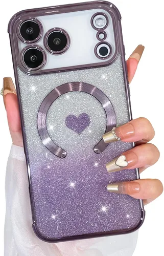 Vista 16 de Bonoma Funda con Purpurina Magnética para iPhone 16 Pro Max [Compatible con MagSafe], Funda Transparente Brillante de Lujo con Patrón de Corazones