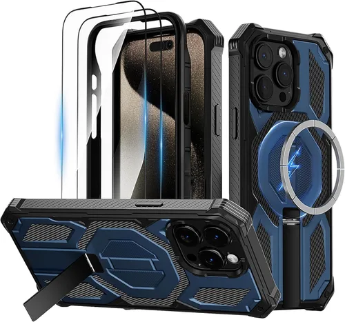 Vista 21 de Funda magnética para iPhone 15 con soporte y protector de pantalla [compatible con Magsafe] antideslizante, cuerpo completo, doble capa, resistente