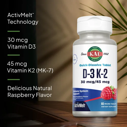 Vista 4 de KAL Vitamina D3 K2 ActivMelts - Suplemento de apoyo inmunológico con vitamina D como D3 y MK7 VIT K2 - Apoya la absorción de calcio para huesos