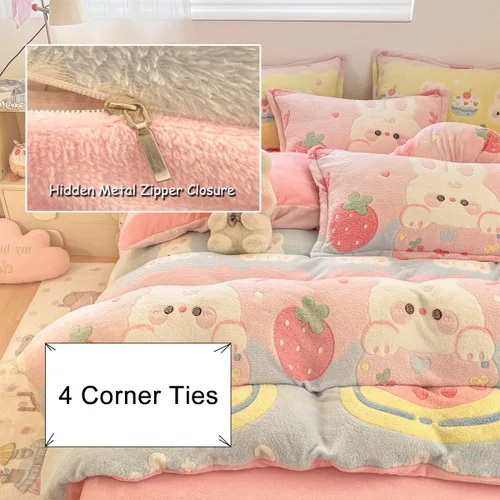 Vista 4 de Juego de ropa de cama individual, lindo juego de funda de edredón rosa con diseño de conejito, fundas de edredón Kawaii de crema esponjosa ultra