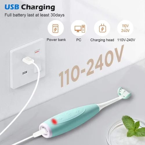 Vista 5 de Triple Best Cepillo de dientes sónico para niños, cepillo de dientes recargable de 32000 VPM, diseño patentado de 3 cabezales de cepillo, cerdas