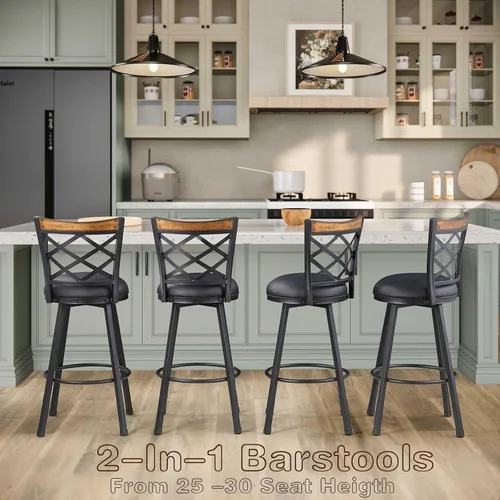 Vista 2 de KORZEY Juego de 2 taburetes de bar giratorios de 25/30 pulgadas, ajustables, de piel sintética, color negro, con marco negro, taburetes de bar