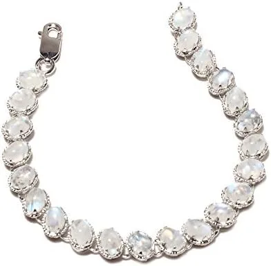 Vista 2 de Preciosa pulsera de plata esterlina con piedras preciosas reales de la luna del arco iris blanco, 7 5 pulg., Gema