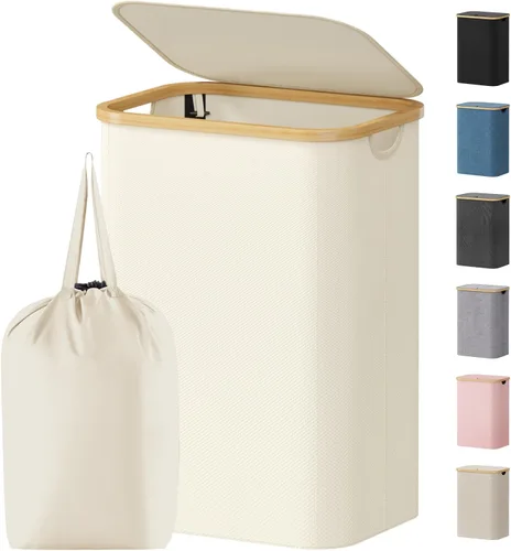 Vista 13 de Lifewit Cesta de lavandería de 80 litros con tapa, cestas de ropa para lavandería con asas de bambú y una bolsa de lavandería extraíble, cesta