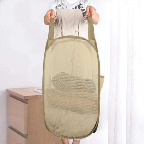 Vista 7 de Cesta plegable de malla para la ropa sucia, cesta de ropa plegable para el hogar, apartamento, dormitorio universitario o viajes, plegable para Beige