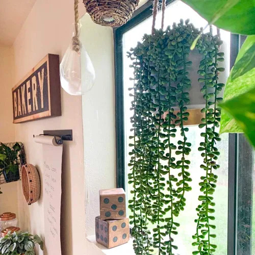 Vista 6 de CEWOR 4 plantas colgantes falsas, cadena de perlas, suculentas colgantes artificiales, decoración de fondo de pared, plantas artificiales