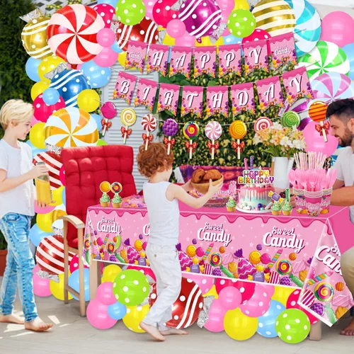 Vista 6 de Candyland - Decoraciones de fiesta de cumpleaños con temática de piruletas, incluyendo globos, pancarta, platos, manteles, vasos, servilletas