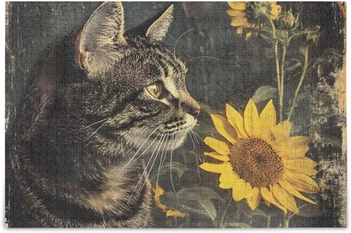 Jigsaw Puzzle 500 Pieces-Vintage Cat Sunflower for Adults, Wooden & Paper Pressed with Alphabetic Sorting, Zigsaw Puzzle for Leisure Time
